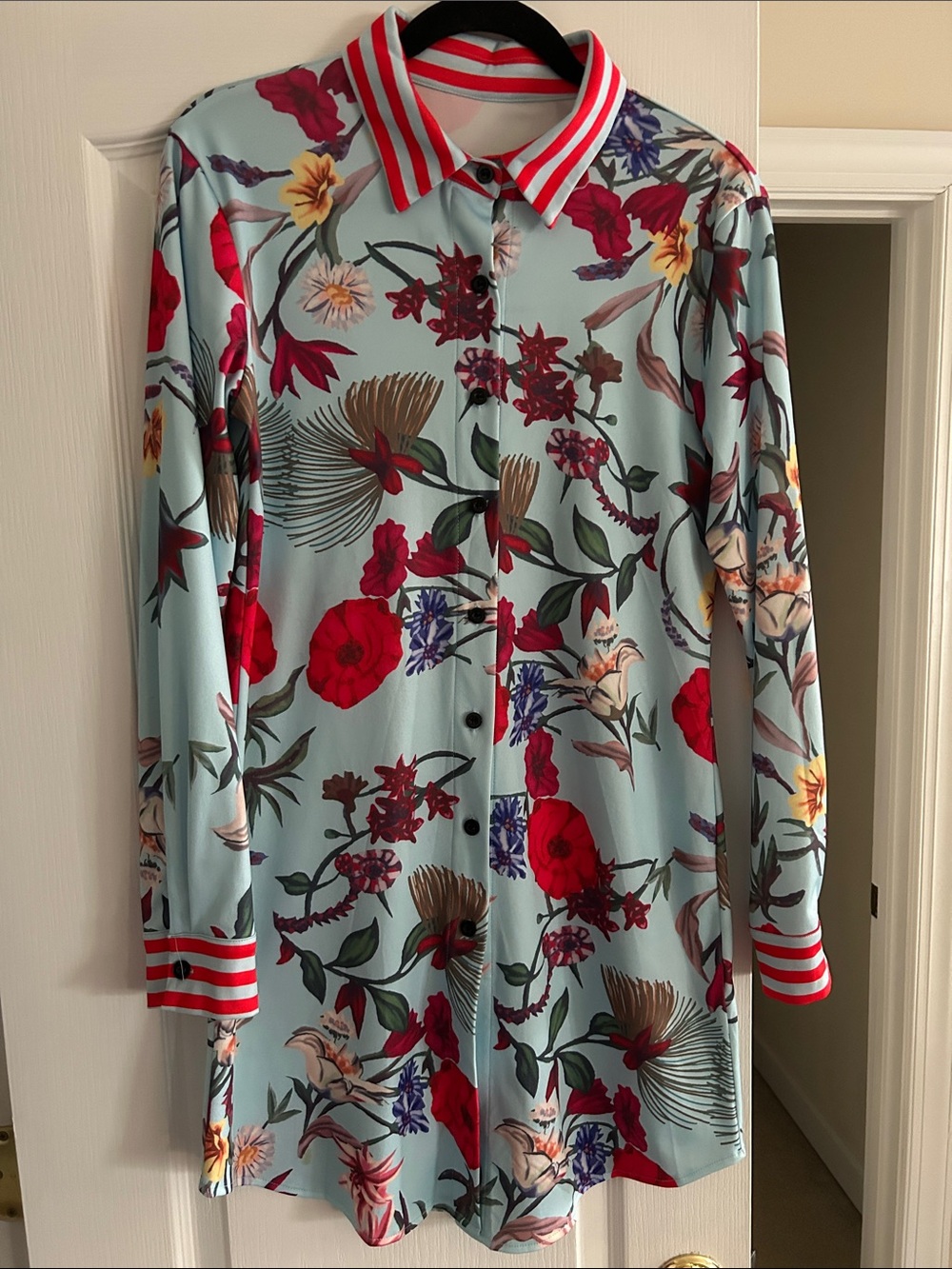 Floral Button-Front Long Sleeve Top/Dress- Light Blue/Red